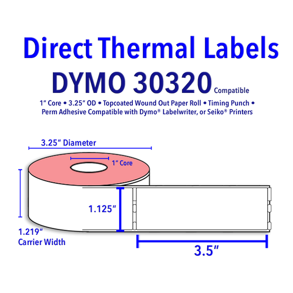Dymo 30320 Compatible 1.125'' X 3.5'' Jumbo Address Labels. 260 LPR - 12 RPR. Total of 3120 Labels