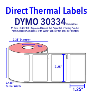 Dymo 30334 Compatible 2.25'' X 1.25'' Identification Labels. 1000 LPR - 6 RPR. Total of 6000 Labels