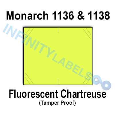 112,000 Monarch compatible 1136/1138 Fluorescent Chartreuse Labels. Full case w/8 ink rollers.